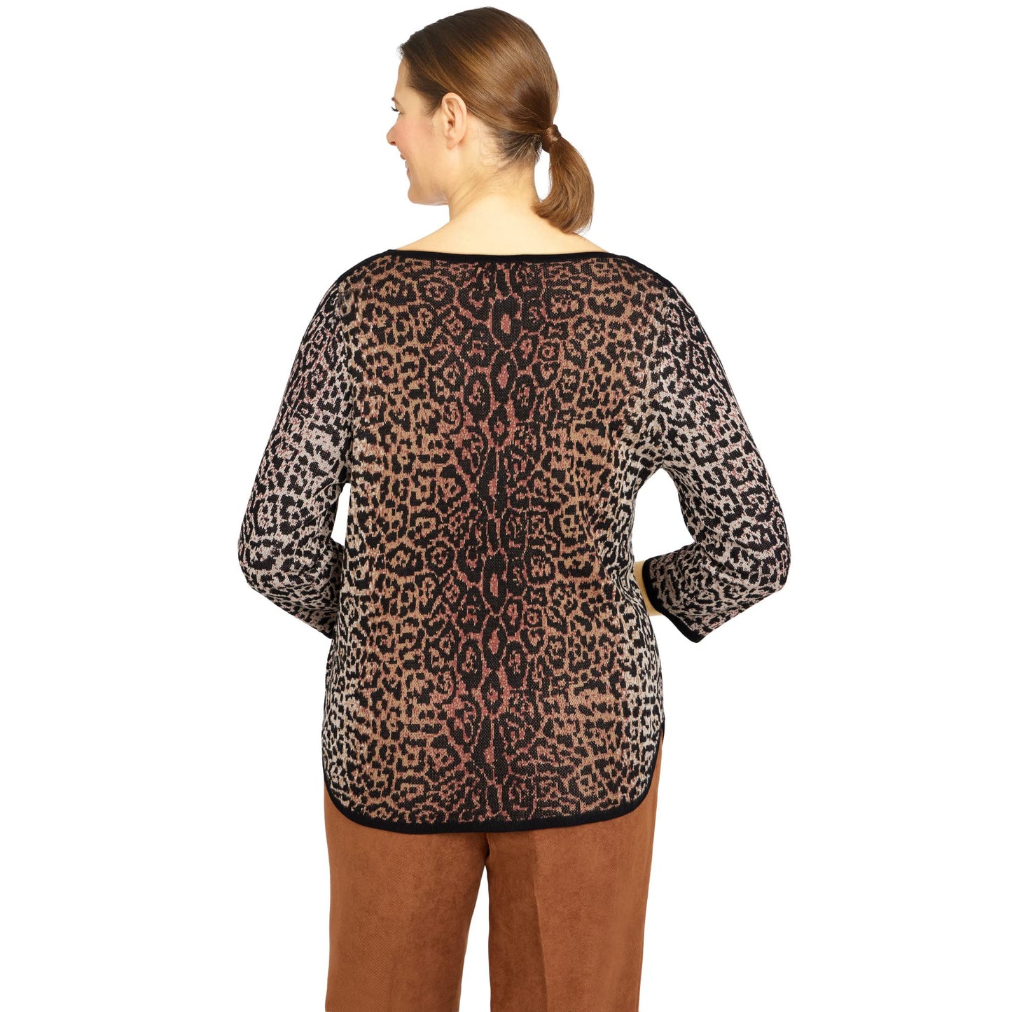 Alfred Dunner Women's Petite Womens Animal Jacquard 3/4 Sleeve Sweater