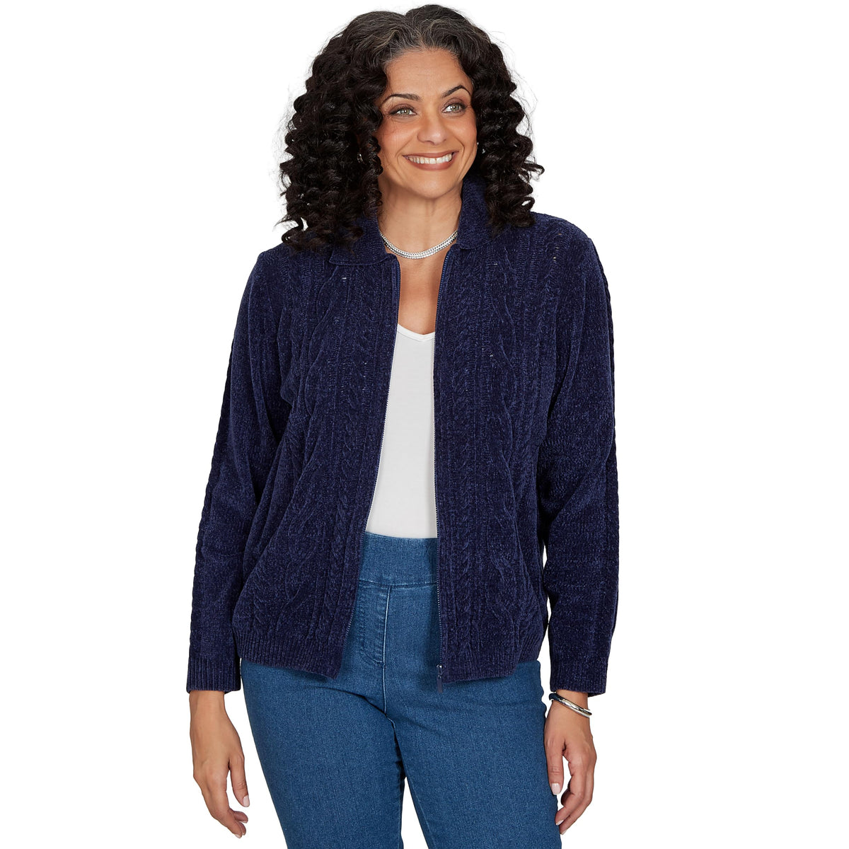 Alfred Dunner Women's Cable Chenille Zip Cardigan Sweater, Navy, S