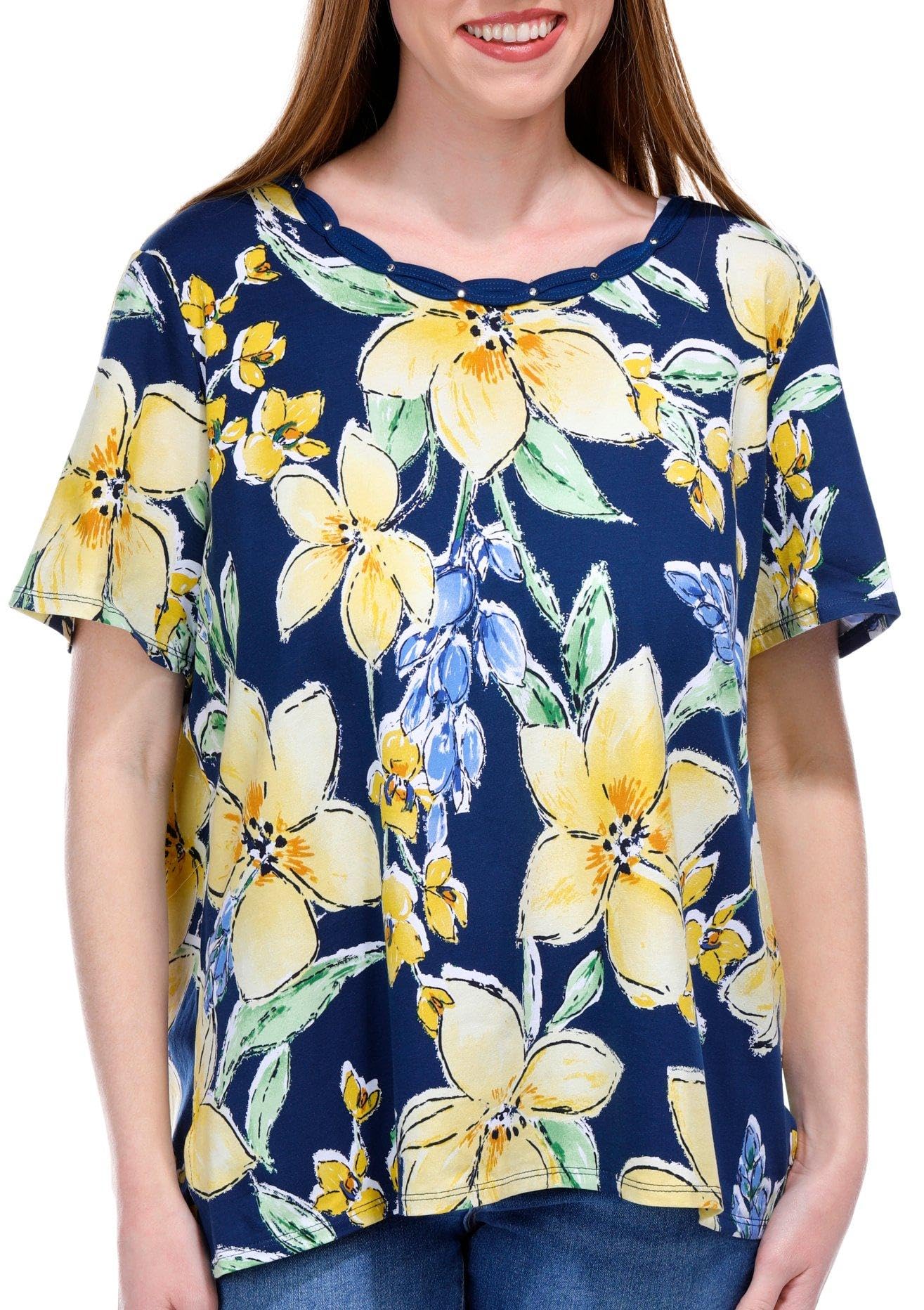 Alfred Dunner Key Item Navy Floral Cotton Top Short Sleeve