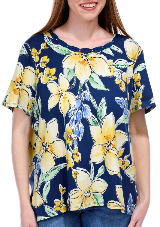 Alfred Dunner Key Item Navy Floral Cotton Top Short Sleeve