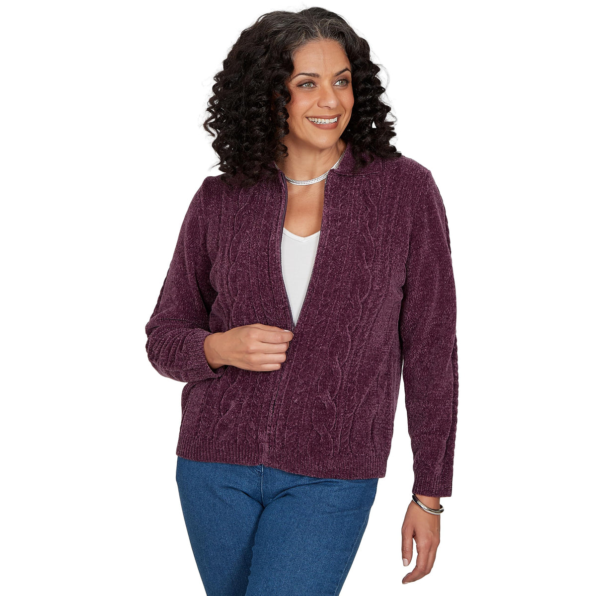 Alfred Dunner Women's Cable Chenille Zip Cardigan Sweater, Amethyst, XL