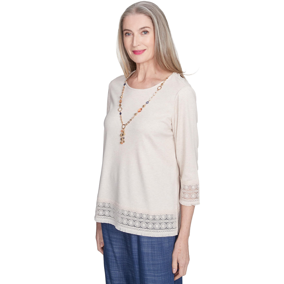 Alfred Dunner Lace Trimmed TopCotton/Polyester (US, Alpha, Small, Regular, Petite, Petite, Oatmeal)