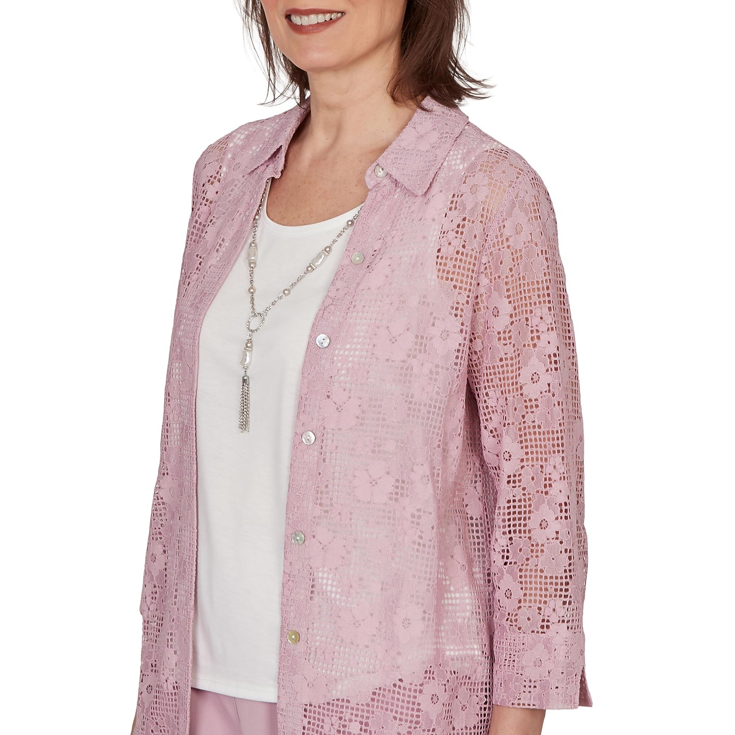 Alfred Dunner Women's Floral Lace Two in One Top with Necklace