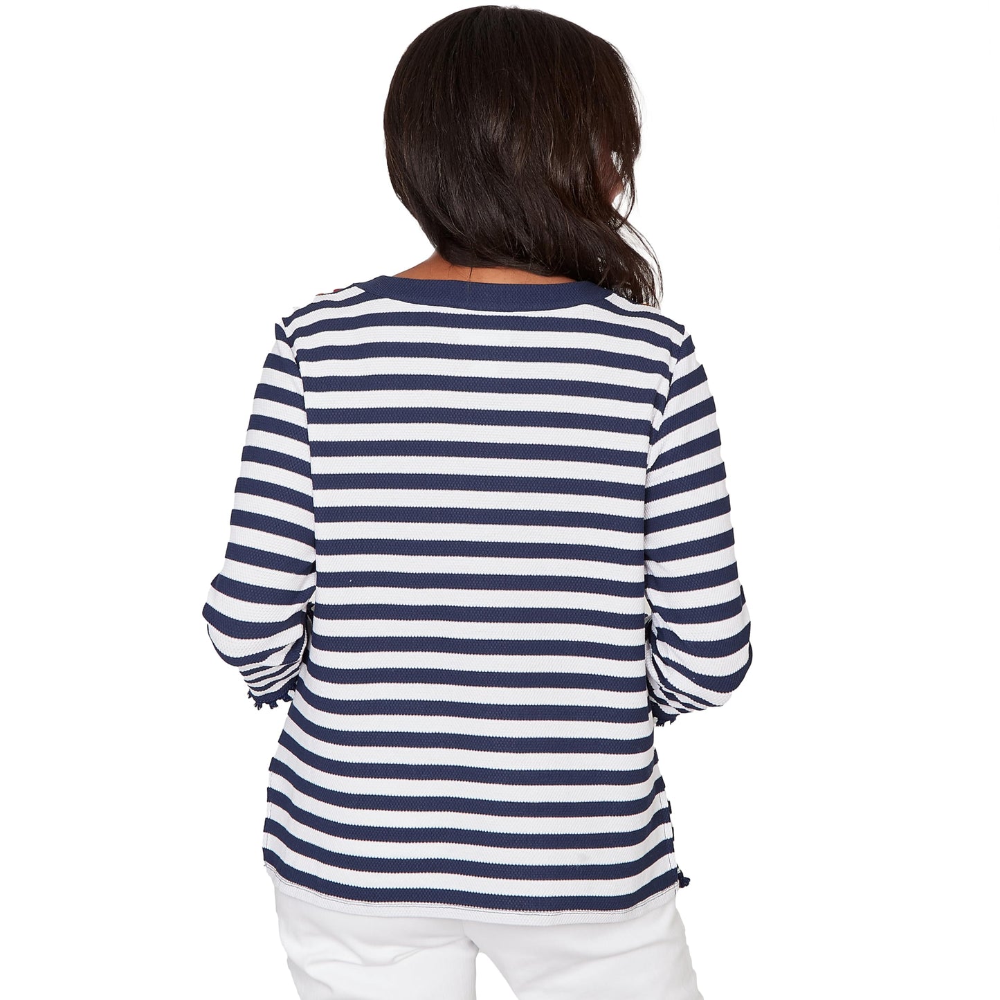 Alfred Dunner Women's Pique Stripe Button Detail Top, Size L, Navy/White