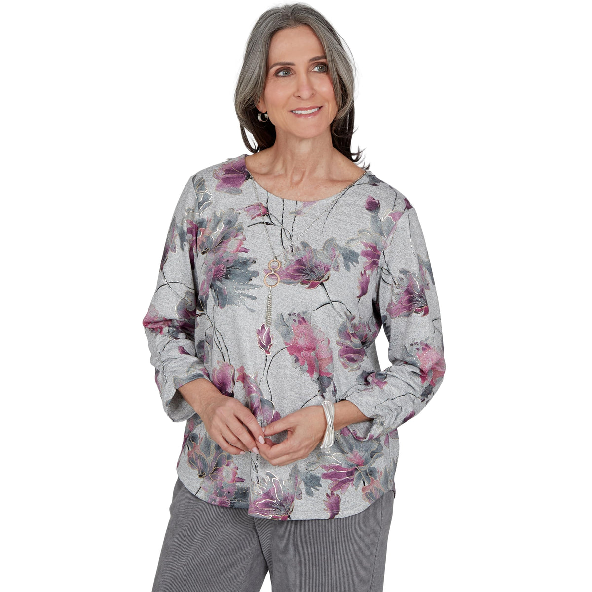 Alfred Dunner Women's Floral Shimmer Foil Knit Top, Grey, L