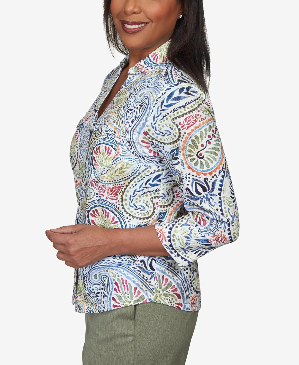 Alfred Dunner Women's Paisley Stretch Knit Button Down Top Size M Multi