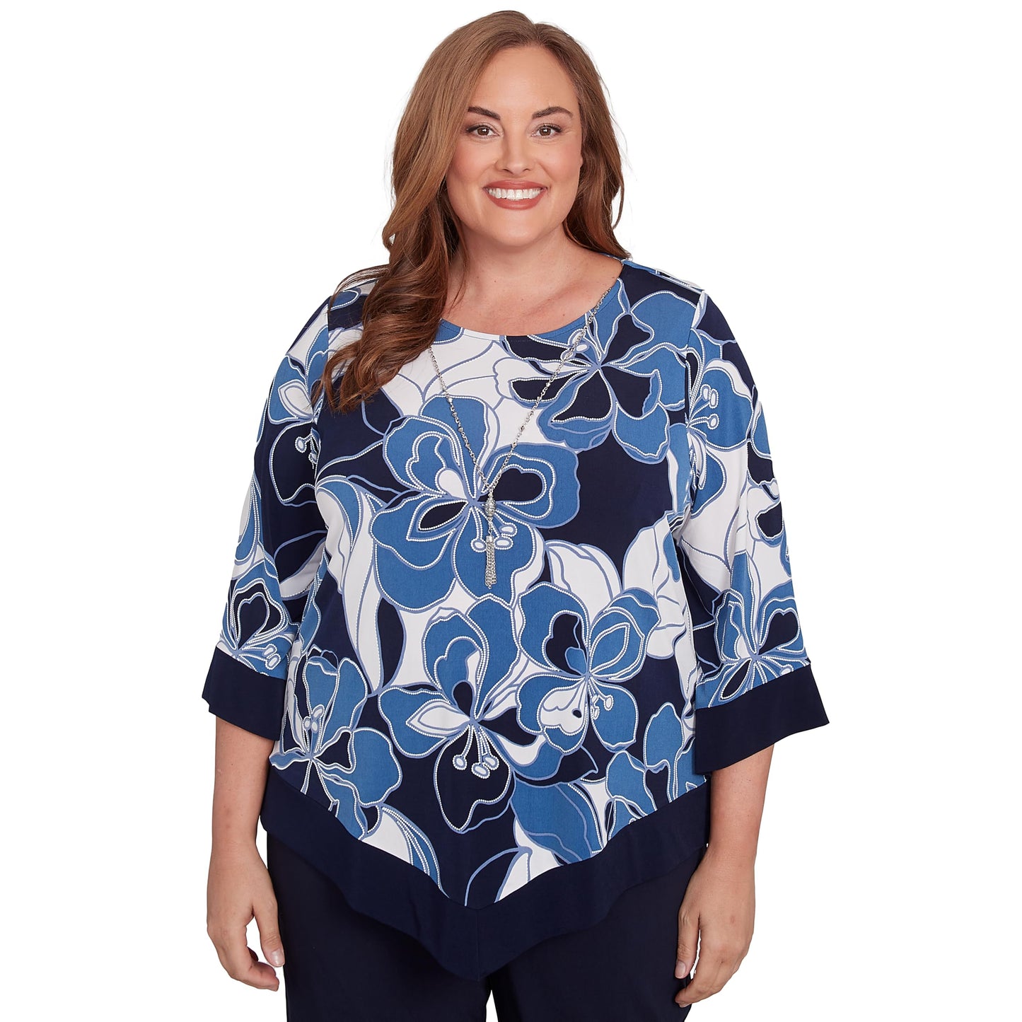 Alfred Dunner Women's Plus-Size Abstract Bold Floral Patchwork Top with Necklace Size 3X Navy