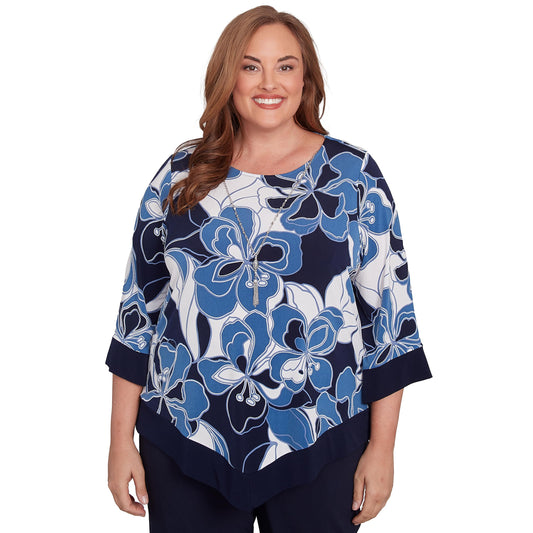 Alfred Dunner Women's Plus-Size Abstract Bold Floral Patchwork Top with Necklace Size 3X Navy
