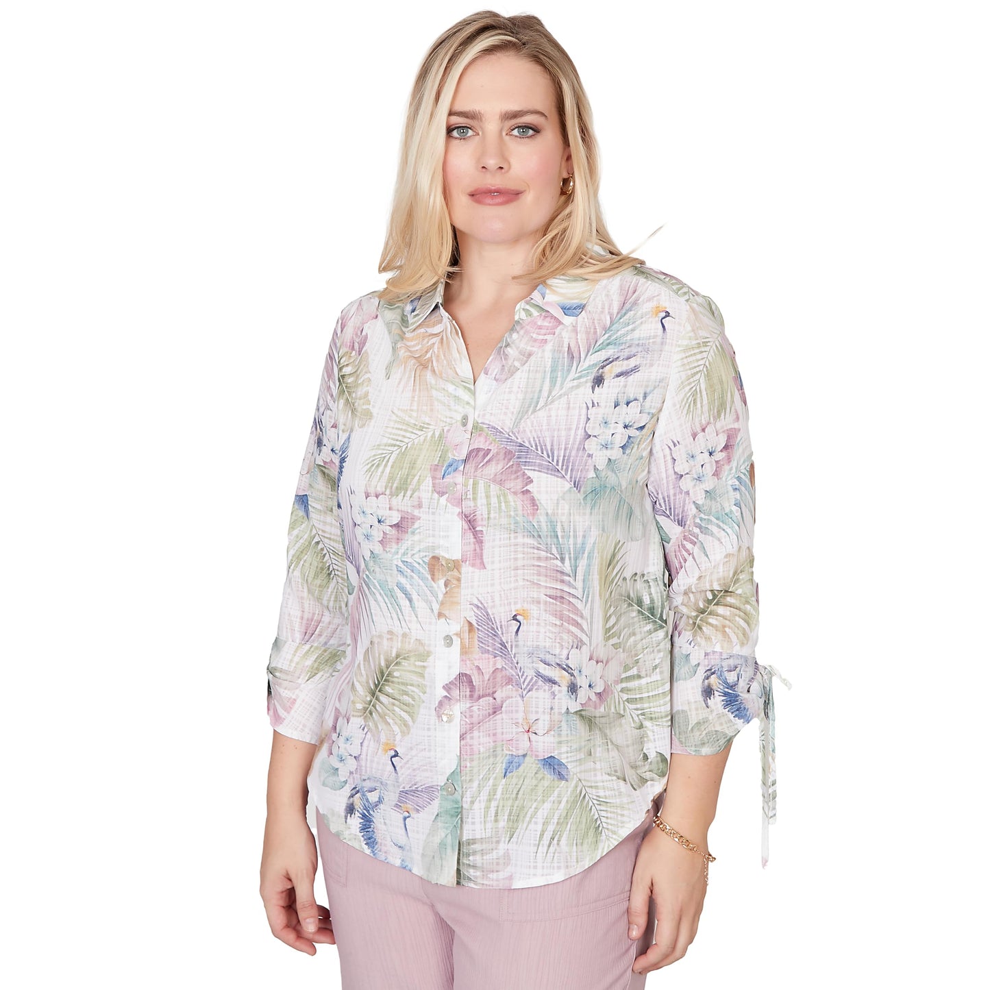 Alfred Dunner Women's Tropical Button Front Tie Sleeve Top
