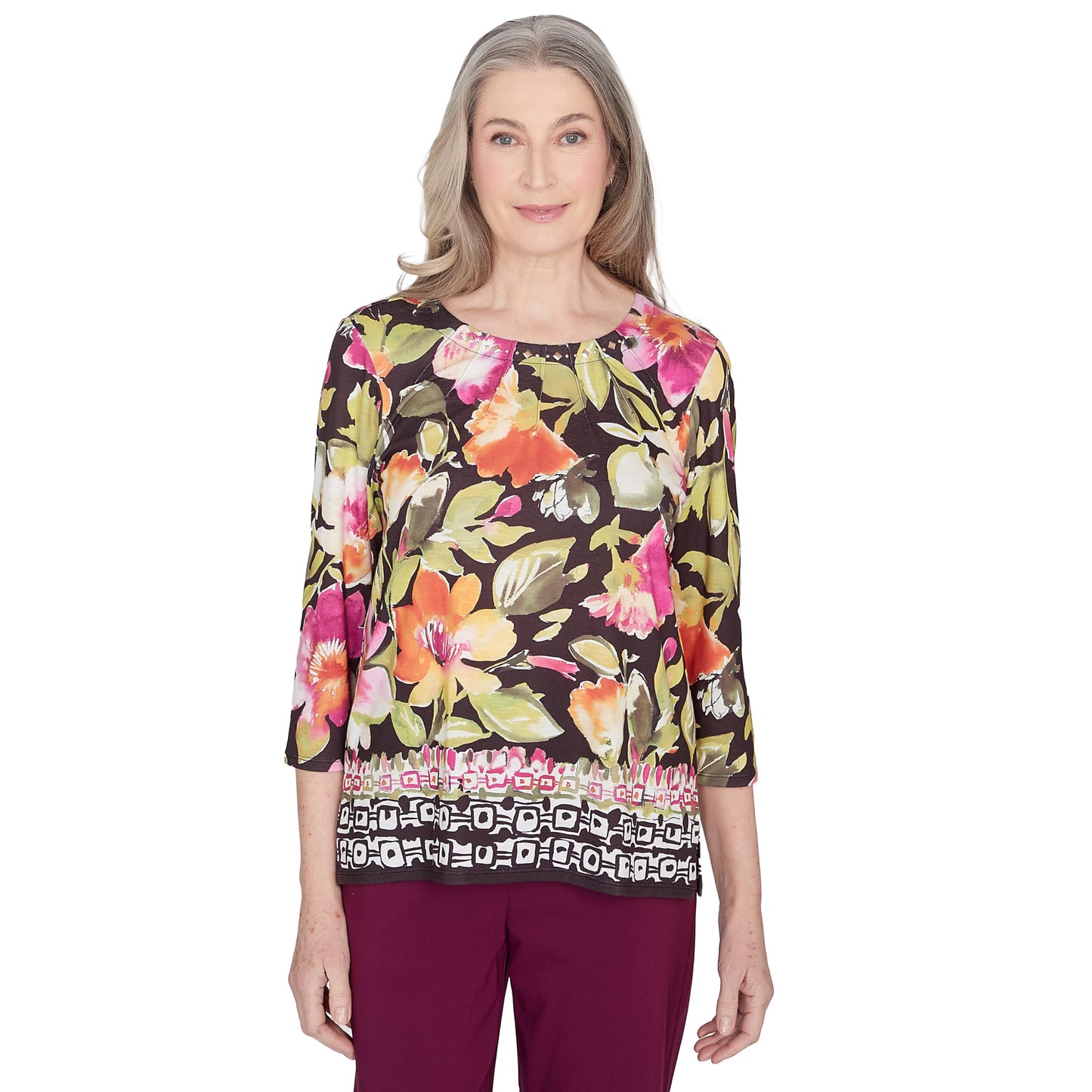 Alfred Dunner Classic Polyester Top Floral with Geometric Border (US, Alpha, X-Large, Regular, Regular, Standard, Multi)