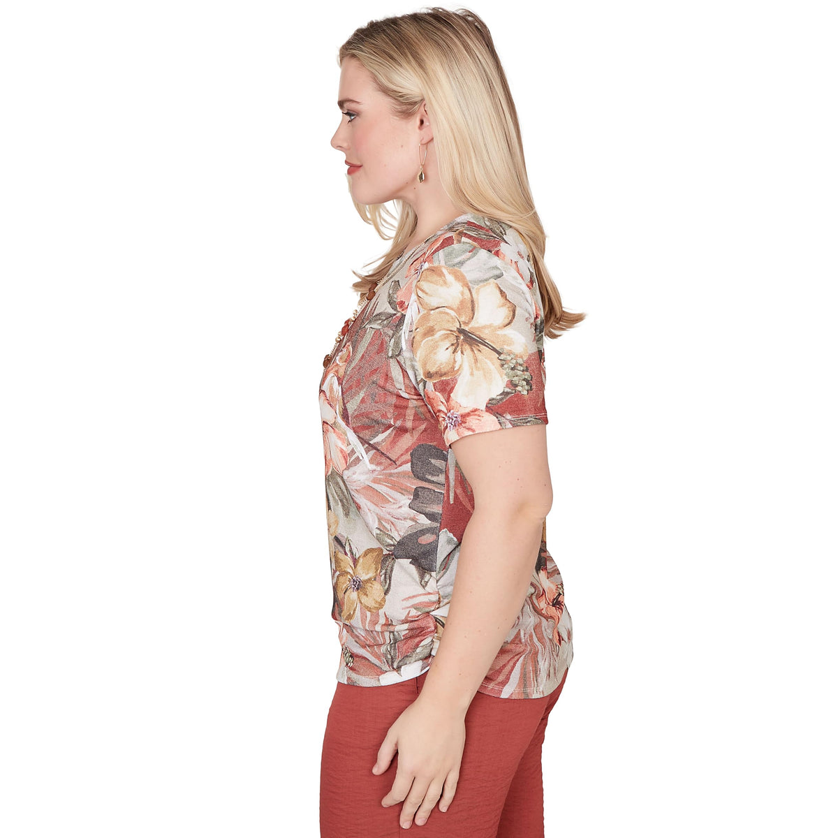 Alfred Dunner Women's Petite Dramatic Floral Tee with Necklace, Size PL, Brown Multi