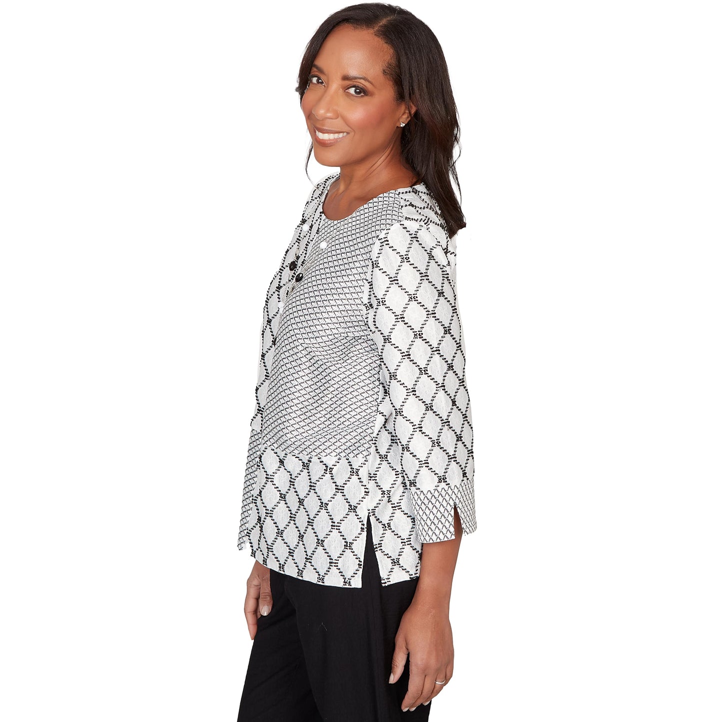 Alfred Dunner Women's Spliced Diamond Textured Top with Necklace