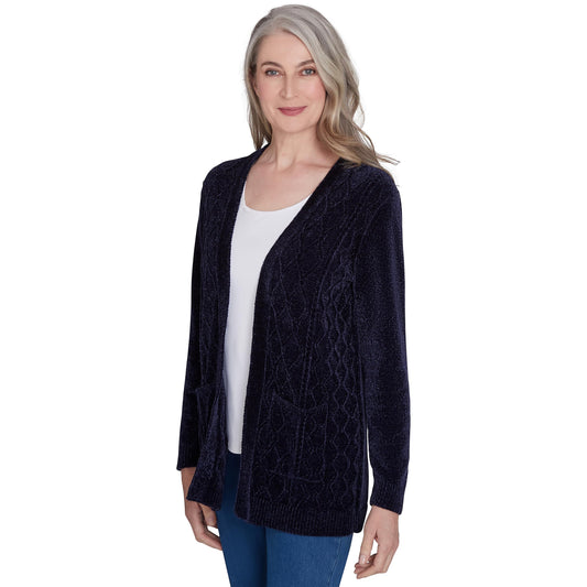 Alfred Dunner Classic Chenille Open Front Cardigan with Pocket Polyester (US, Alpha, Large, Regular, Petite, Petite, Black)