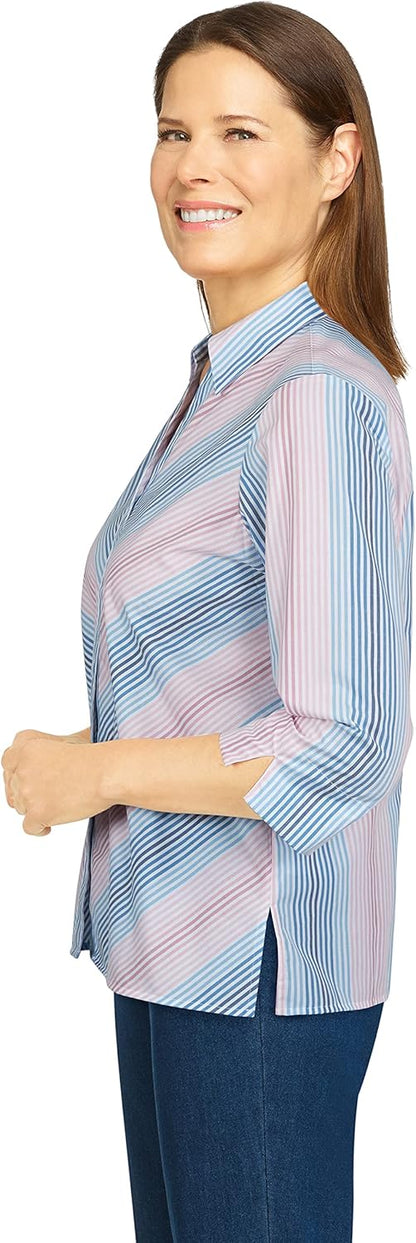 Alfred Dunner Womens Petite Mitered Stripe Print Shirt Navy/Blush Size PXL