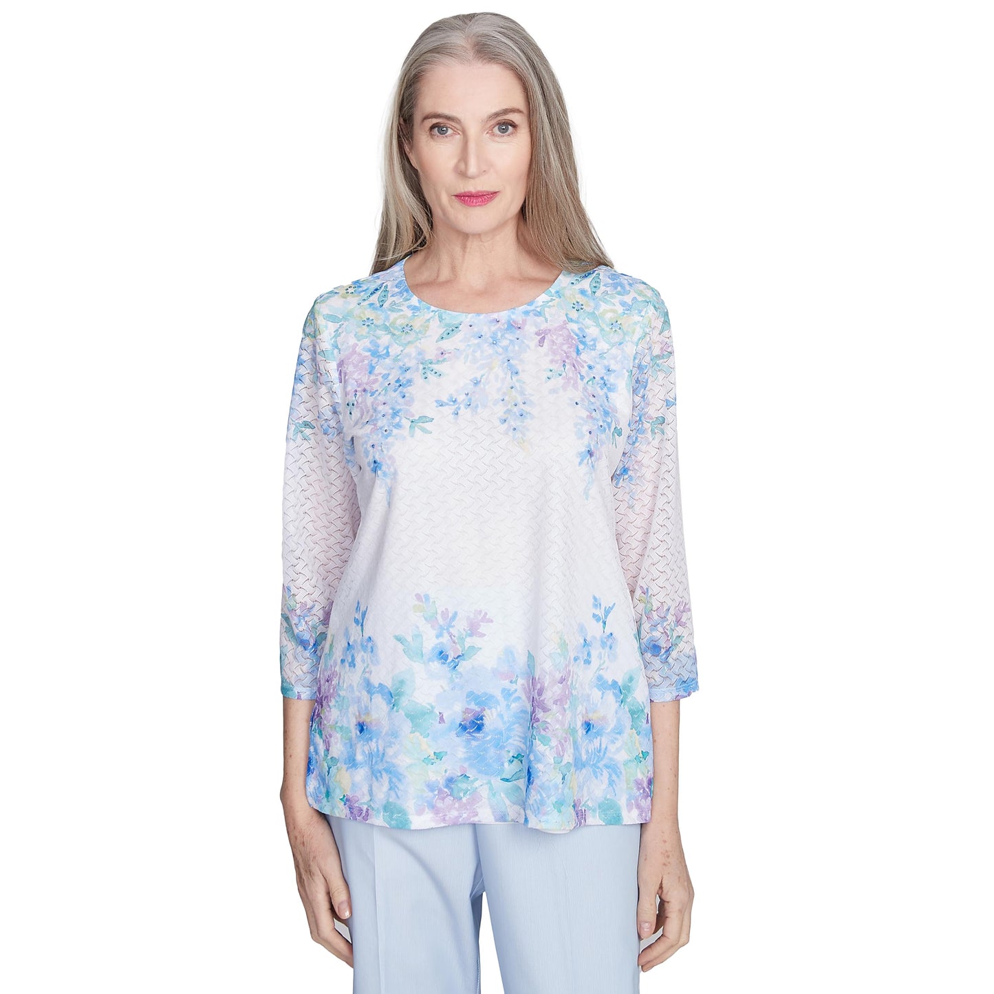 Alfred Dunner ST. Thomas Women's Textured Sky Blue Floral Border Top, Large