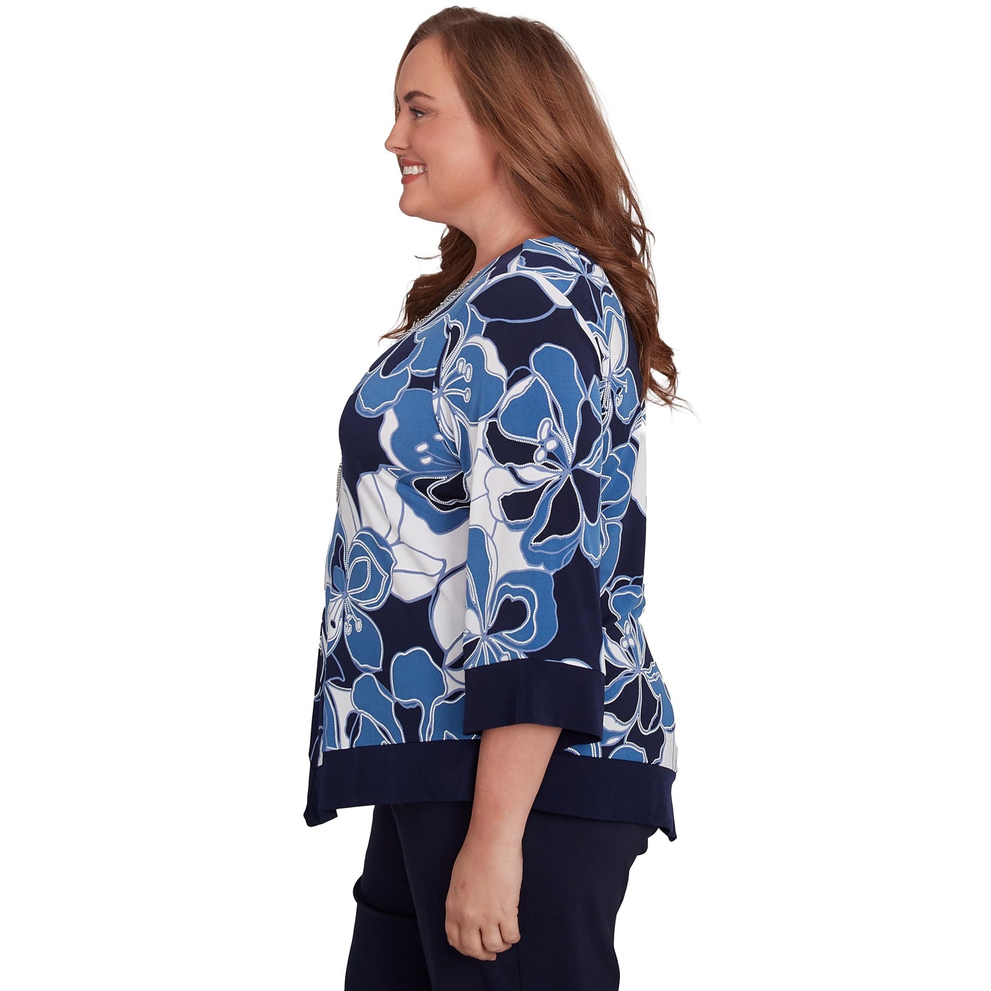 Alfred Dunner Women's Plus-Size Abstract Bold Floral Patchwork Top with Necklace Size 3X Navy