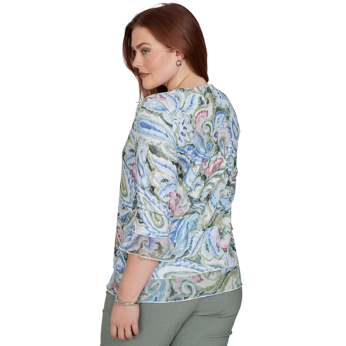 Alfred Dunner Women's Paisley Woven Trim Knit Top, Blue, XL