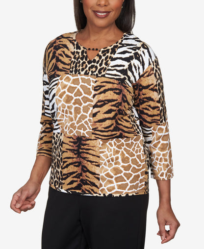 Alfred Dunner Classics Animal Patch Print Cotton Sweater