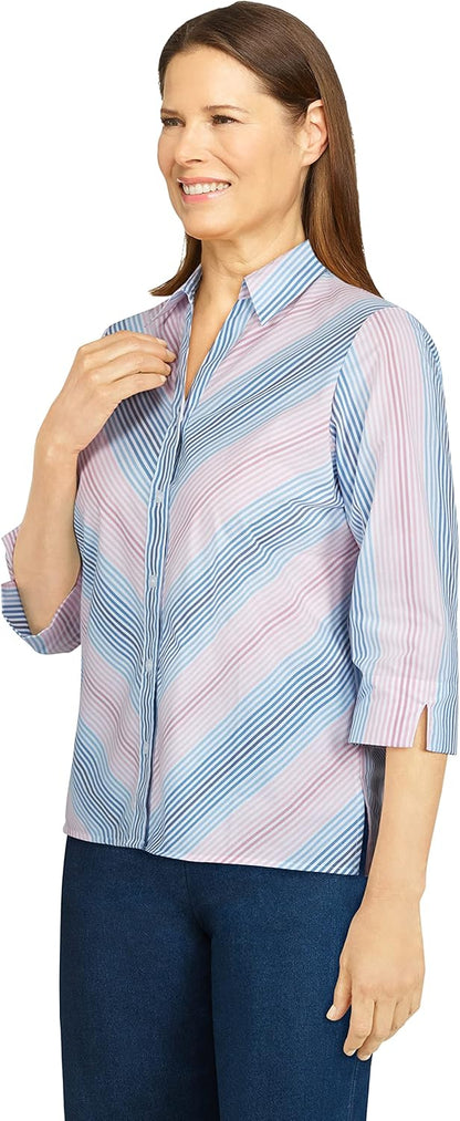 Alfred Dunner Womens Petite Mitered Stripe Print Shirt Navy/Blush Size PM