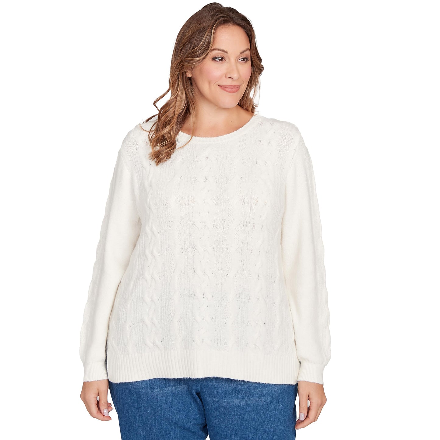 Ruby Rd. Classic Cable Pullover Sweater Polyester/Nylon (US, Alpha, Small, Regular, Petite, Petite, Ivory)