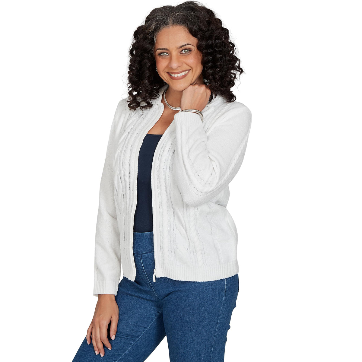 Alfred Dunner Women's Cable Chenille Zip Cardigan Sweater, Ivory, M