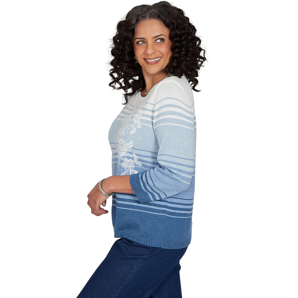 Alfred Dunner Women's Ombre Stripe Floral Embroidered Sweater, Denim, M