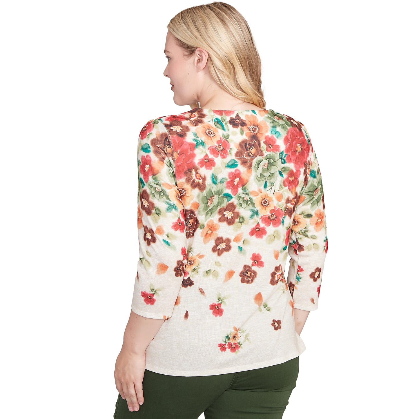 Alfred Dunner Women's Floral Detailed Neck Top Size M Oatmeal Multi