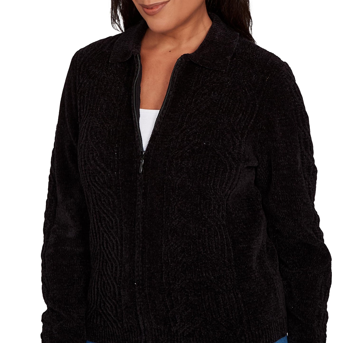 Alfred Dunner Women's Zip-Front Chenille Collared Cardigan