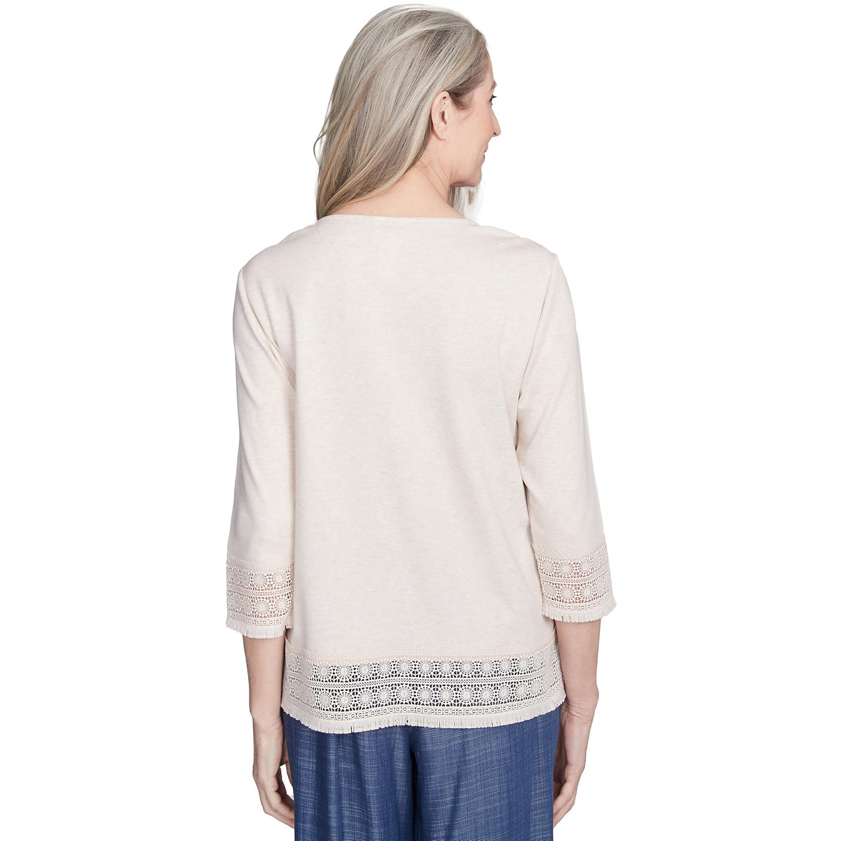Alfred Dunner Lace Trimmed TopCotton/Polyester (US, Alpha, Medium, Regular, Petite, Petite, Oatmeal)