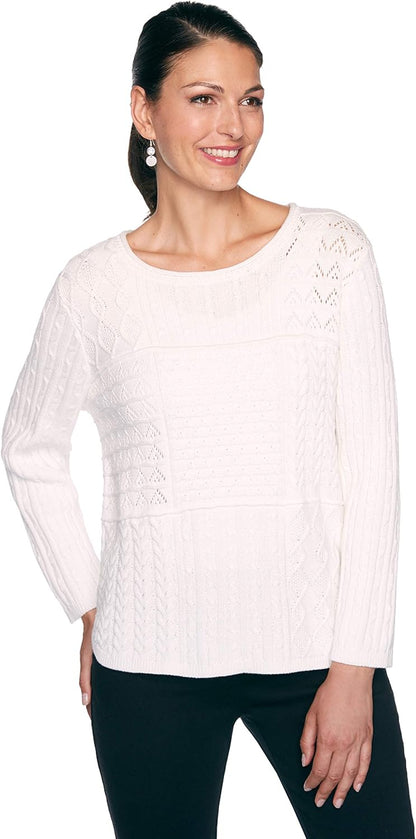 Alfred Dunner Classics Pullover Sweater Cable Stitch Pointelle Cotton/Acrylic (Size 2X) Ivory