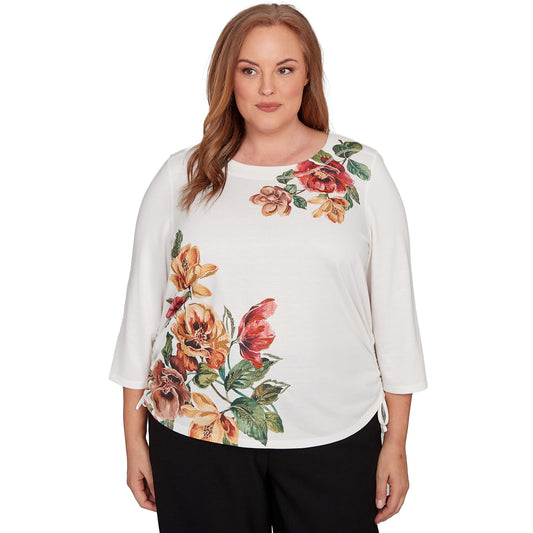 Alfred Dunner Women's Plus-Size Asymmetric Floral Side Tie Top Size 3X Ivory