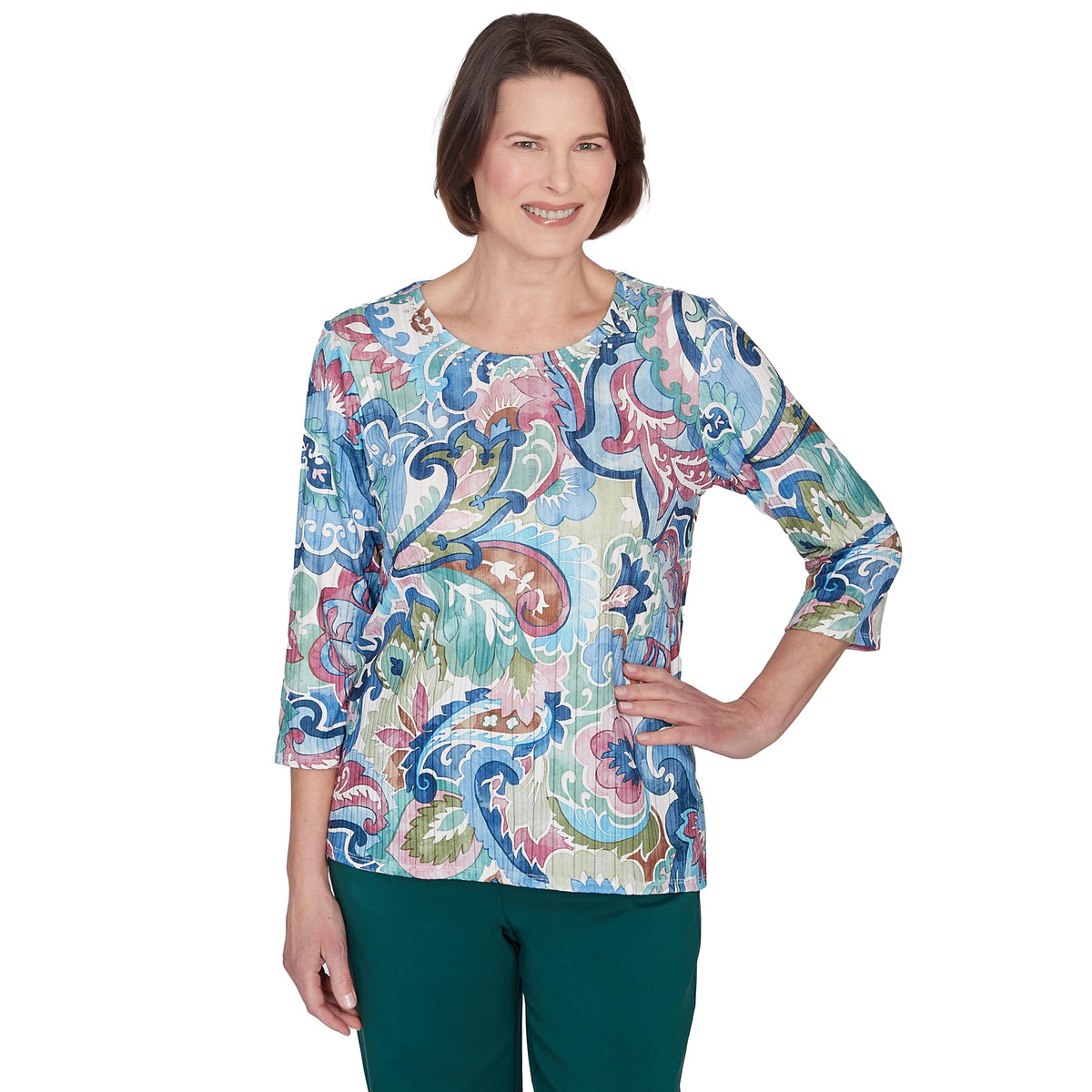 Alfred Dunner Classic Scroll Multicolored Polyester Top (US, Alpha, Small, Regular, Petite, Petite, Multi)