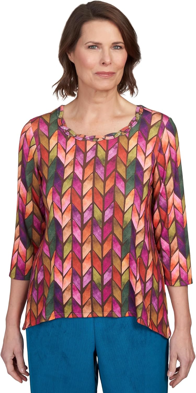 Alfred Dunner Classics Chevron Knit Polyester Top with Sharkbite Hem (US, Alpha, Large, Regular, Petite,