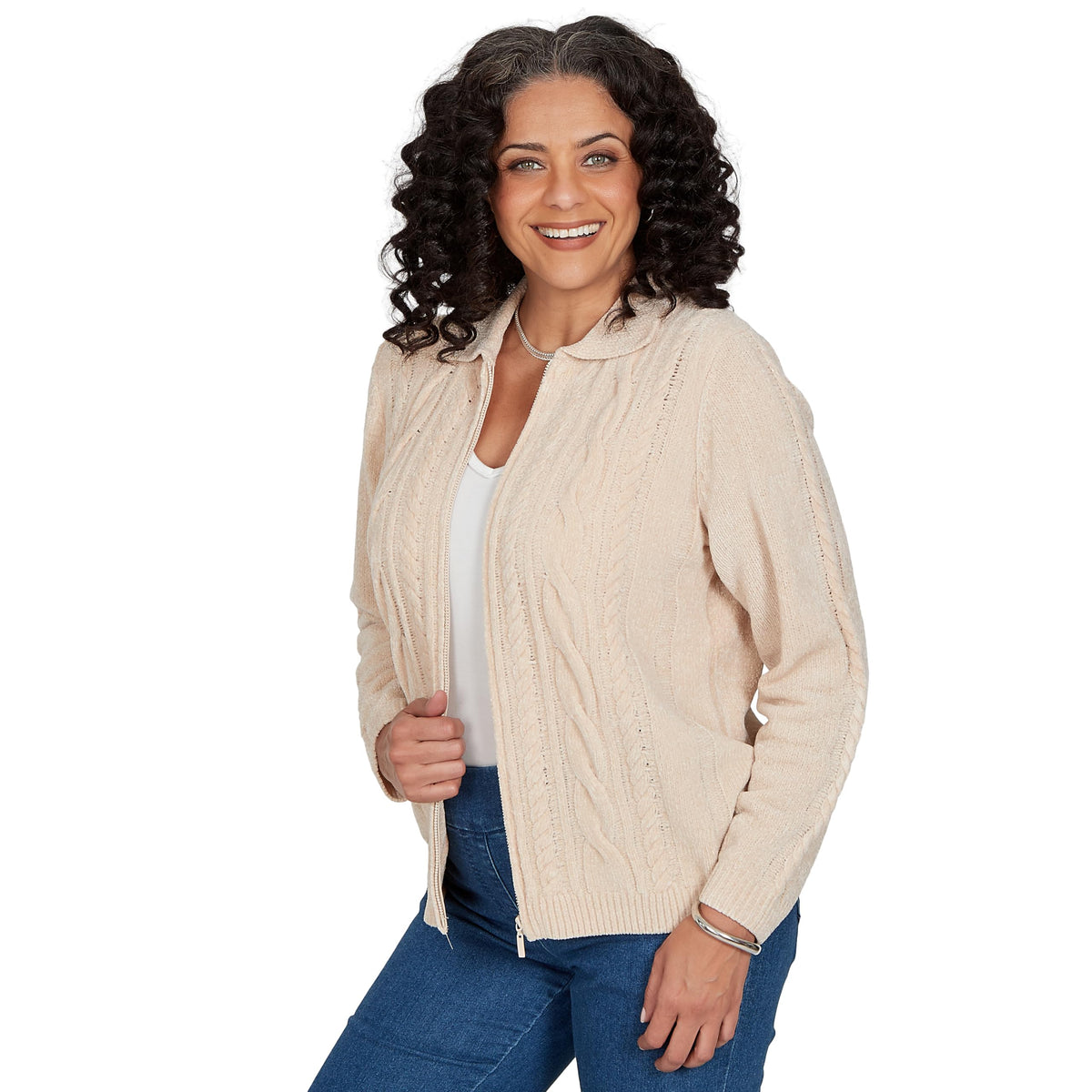 Alfred Dunner Women's Cable Chenille Zip Cardigan Sweater, Latte, S