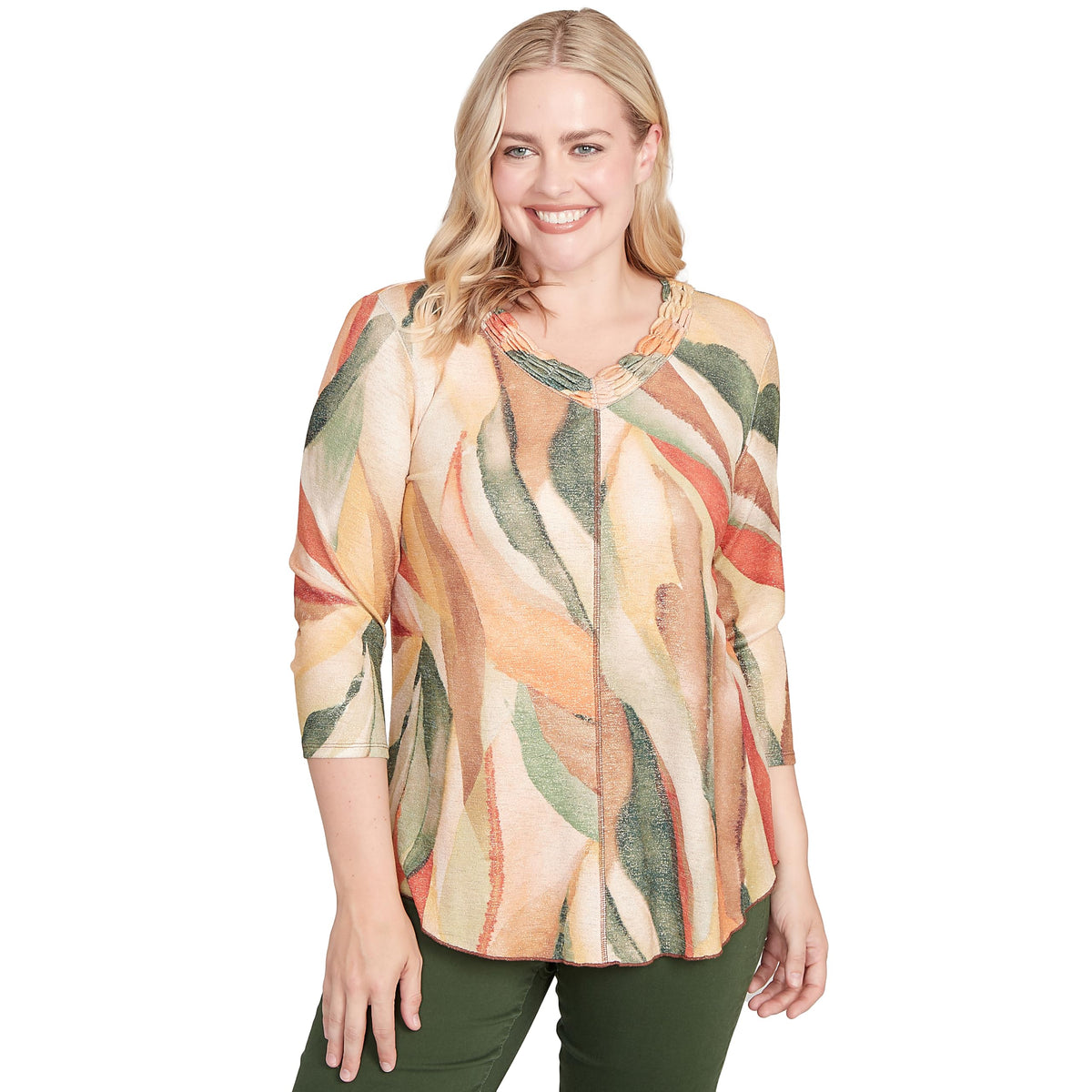 Alfred Dunner Women's Stained Glass Shimmer V-Neck Top Size M Pine Multi