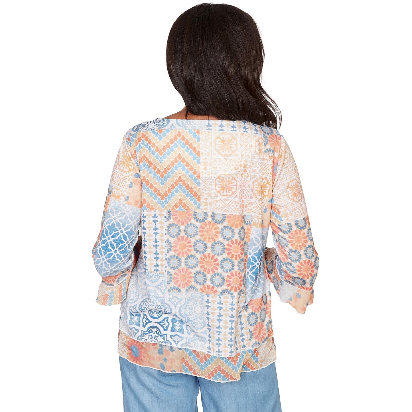 Alfred Dunner Women's Patchwork Medallion Ruffle Sleeve Top, Size XL, Blue Multi