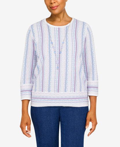 Alfred Dunner Women's Womens Crewneck Three-Quarter Bell Sleeve Stripe Sweater with Removable Necklace