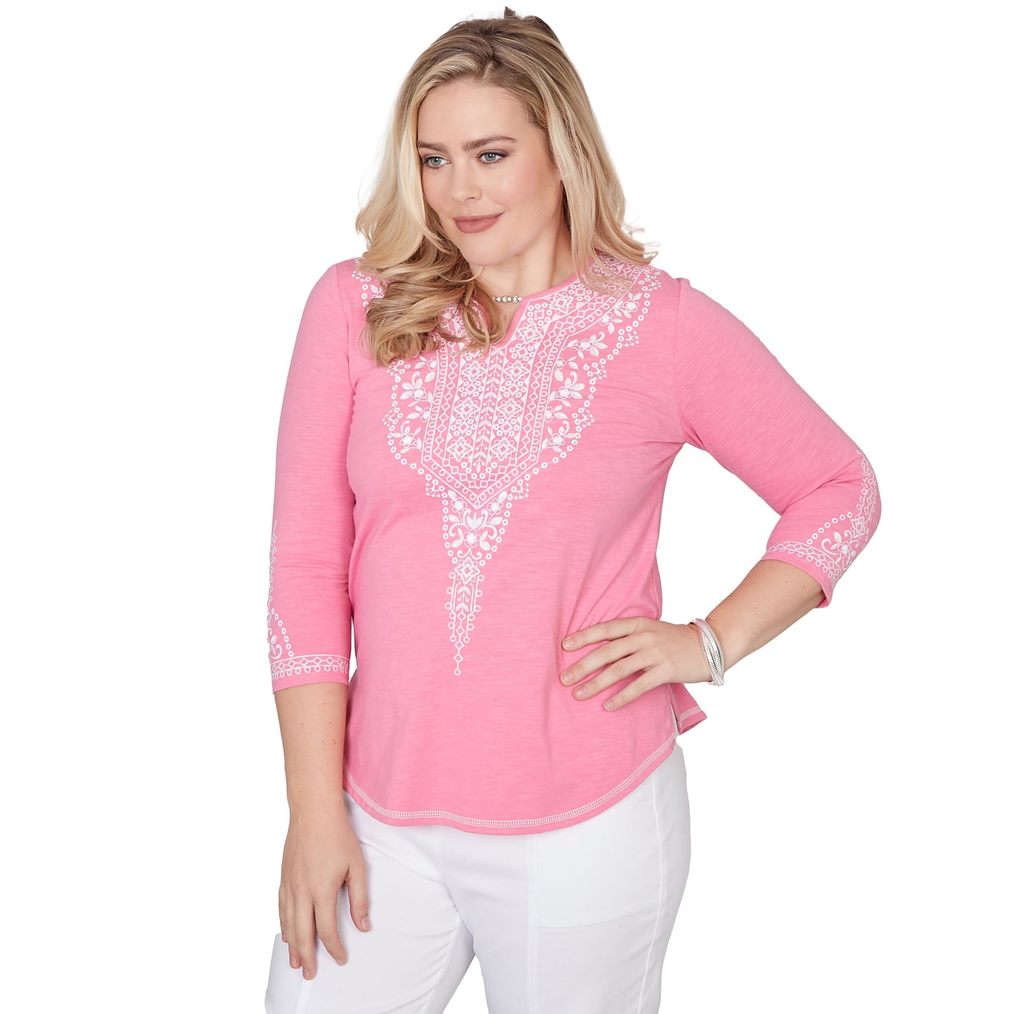 Alfred Dunner Women's Embroidered Split Neck Three Quarter Sleeve Top
