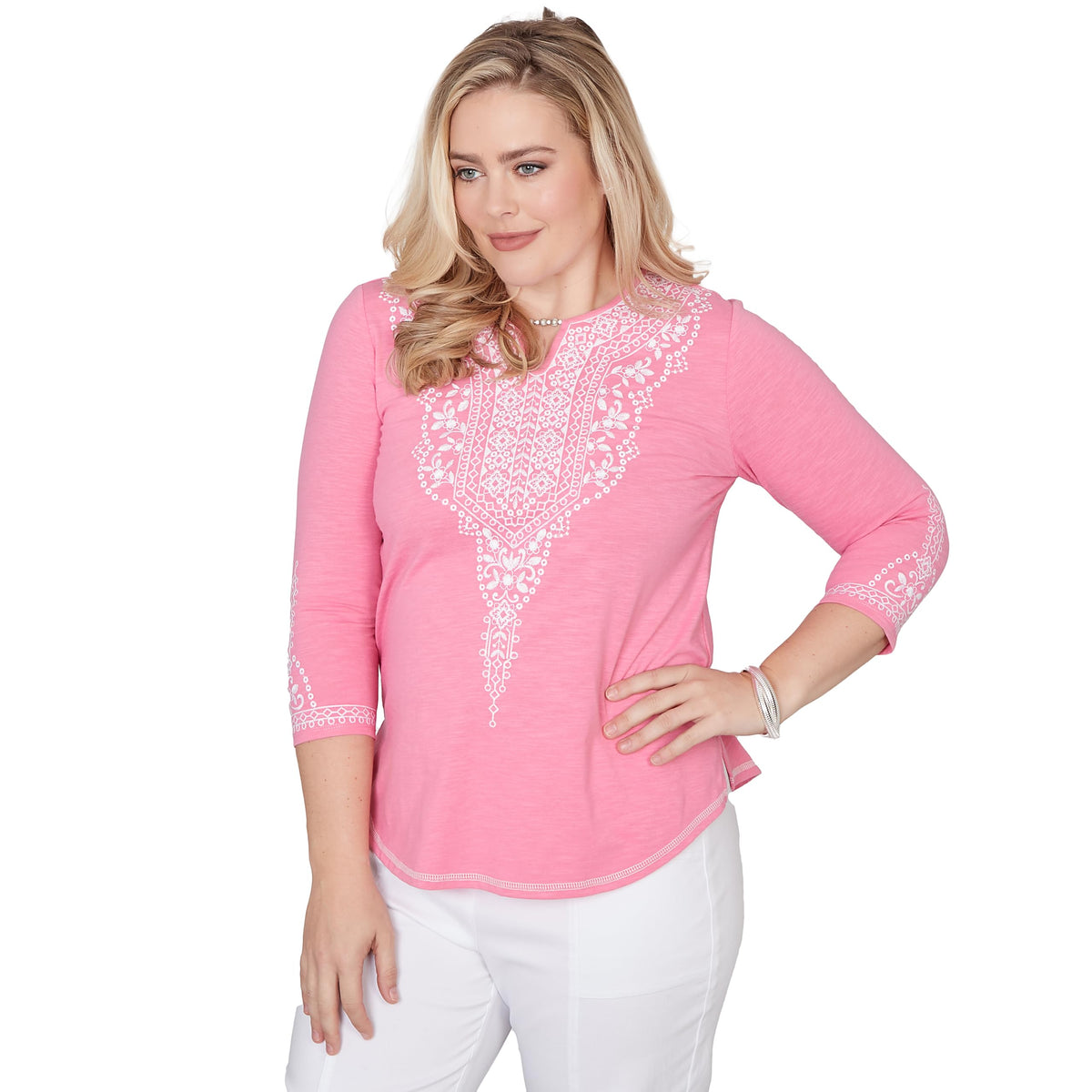 Alfred Dunner Women's Split Neck Three Quarter Sleeve Top, Pink, L