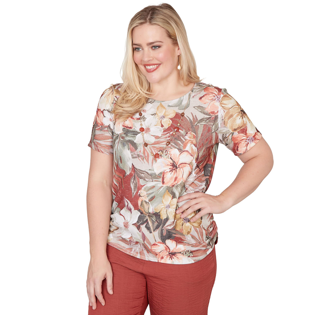 Alfred Dunner Women's Petite Dramatic Floral Tee with Necklace, Size PL, Brown Multi