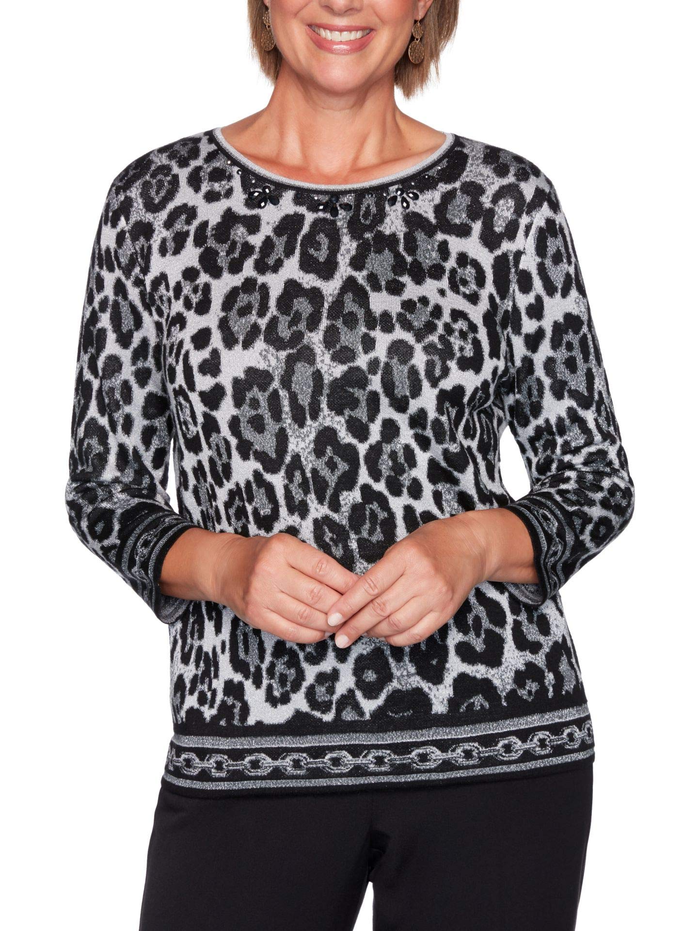 Alfred Dunner Women's Classics Animal Print Jacquard Sweater - Plus Size, Black/Silver, 3X