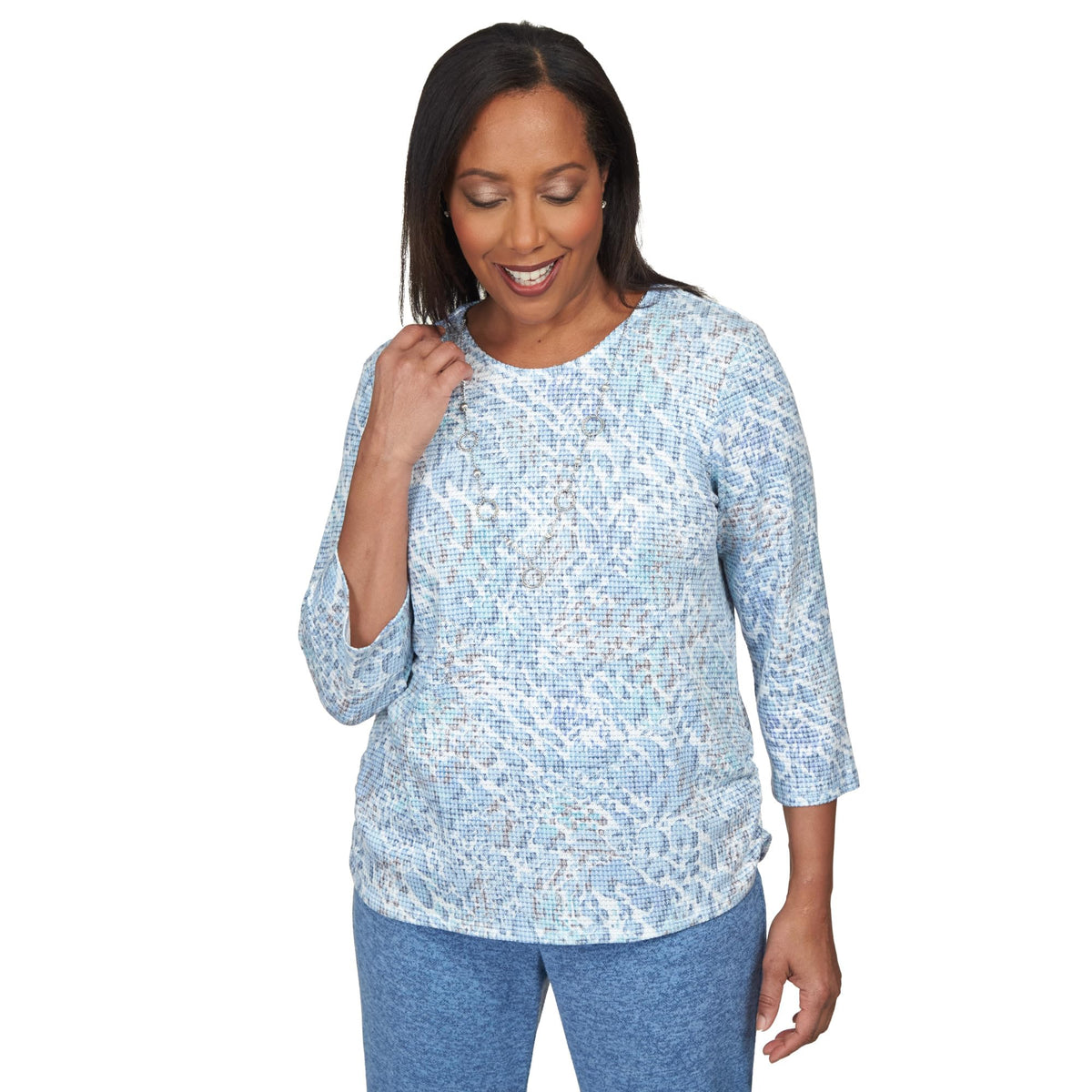 Alfred Dunner Comfort Zone Animal Print Rayon Polyester Top (US, Alpha, Small, Regular, Petite, Petite, Wedge Wood)