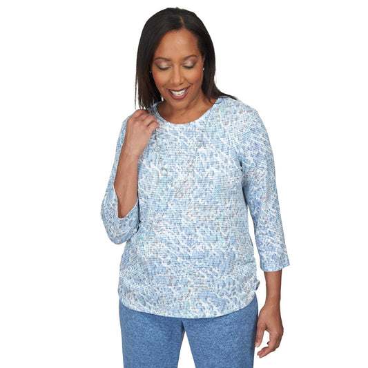 Alfred Dunner Comfort Zone Animal Print Rayon Polyester Top (US, Alpha, Small, Regular, Petite, Petite, Wedge Wood)