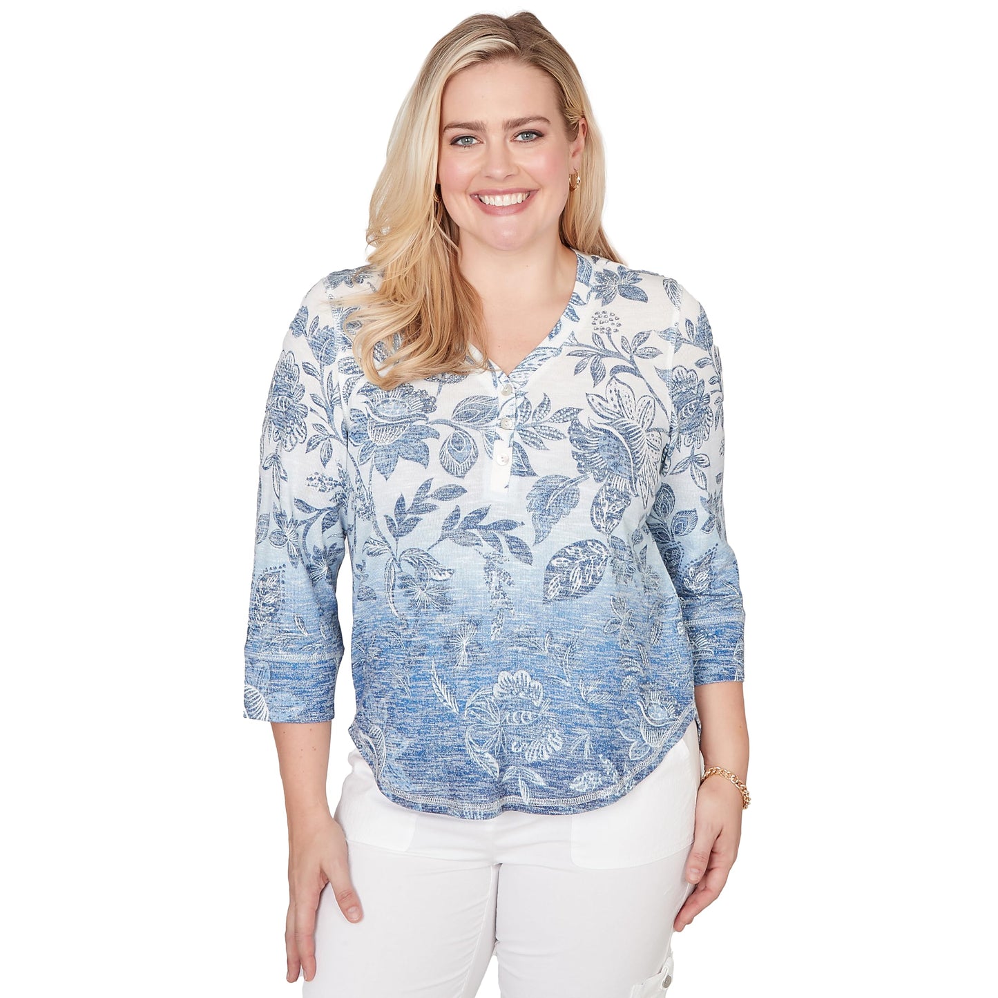 Alfred Dunner Women's Ombre Batik Floral Henley Top, Size S, Blue