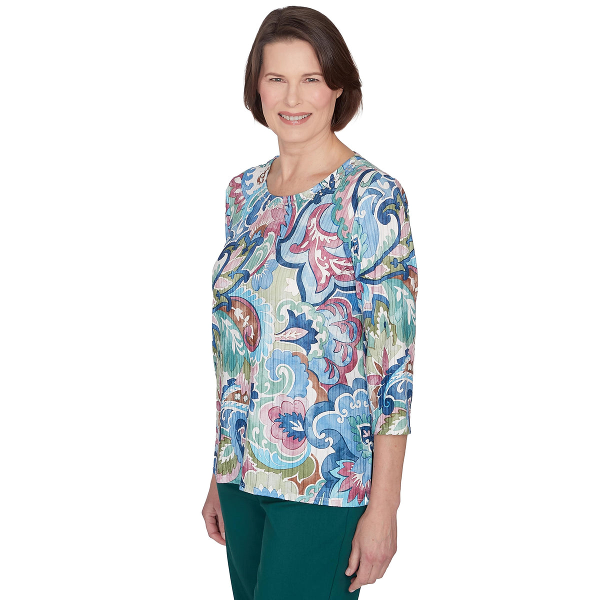 Alfred Dunner Classic Scroll Multicolored Polyester Top (US, Alpha, Small, Regular, Petite, Petite, Multi)