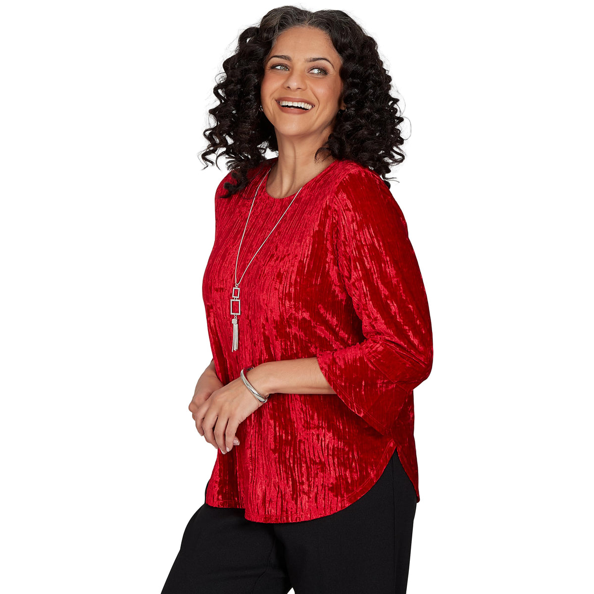 Alfred Dunner Women's Crushed Velvet Top with Necklace, Red, L