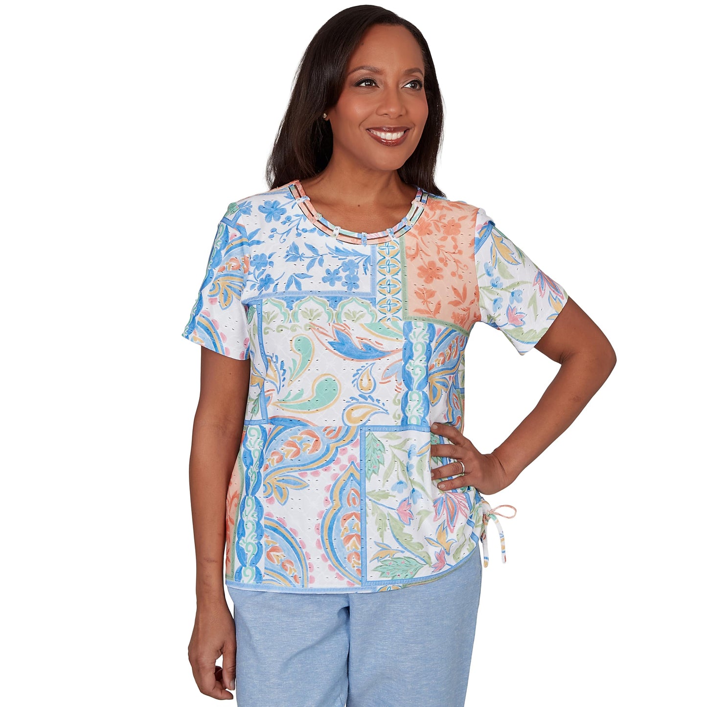 Alfred Dunner Women's Patchwork Scroll Side Tie Ruched Tee