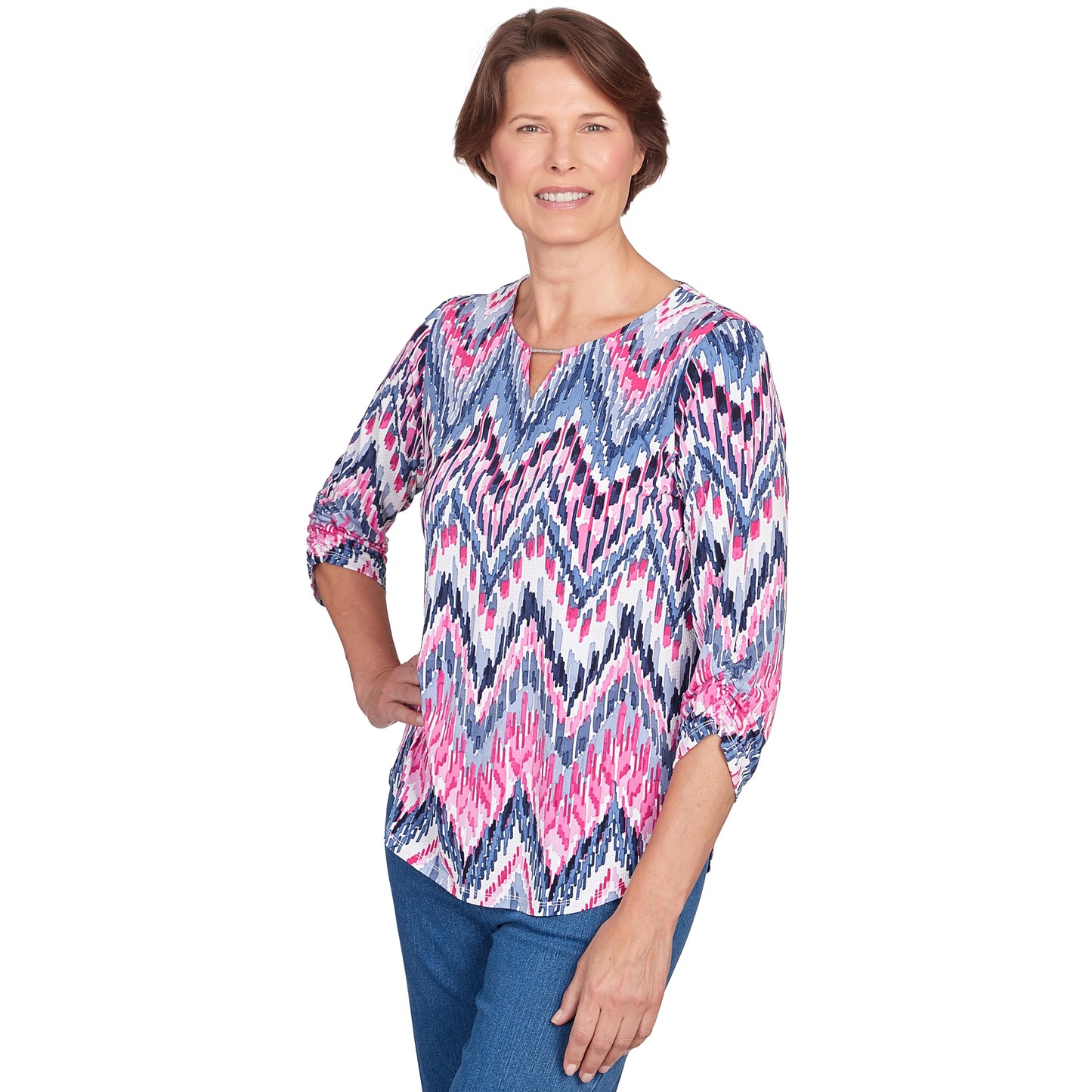 Alfred Dunner Women's Spring Classics Puff Print Ikat Chevron Split Neck Top