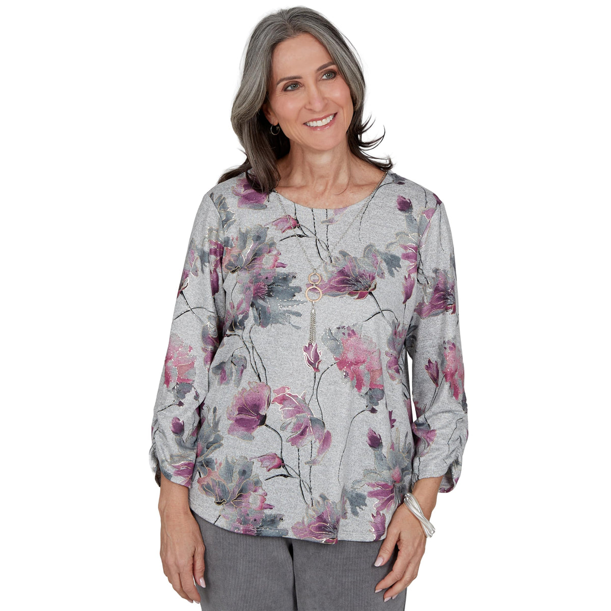 Alfred Dunner Women's Floral Shimmer Foil Knit Top, Grey, L