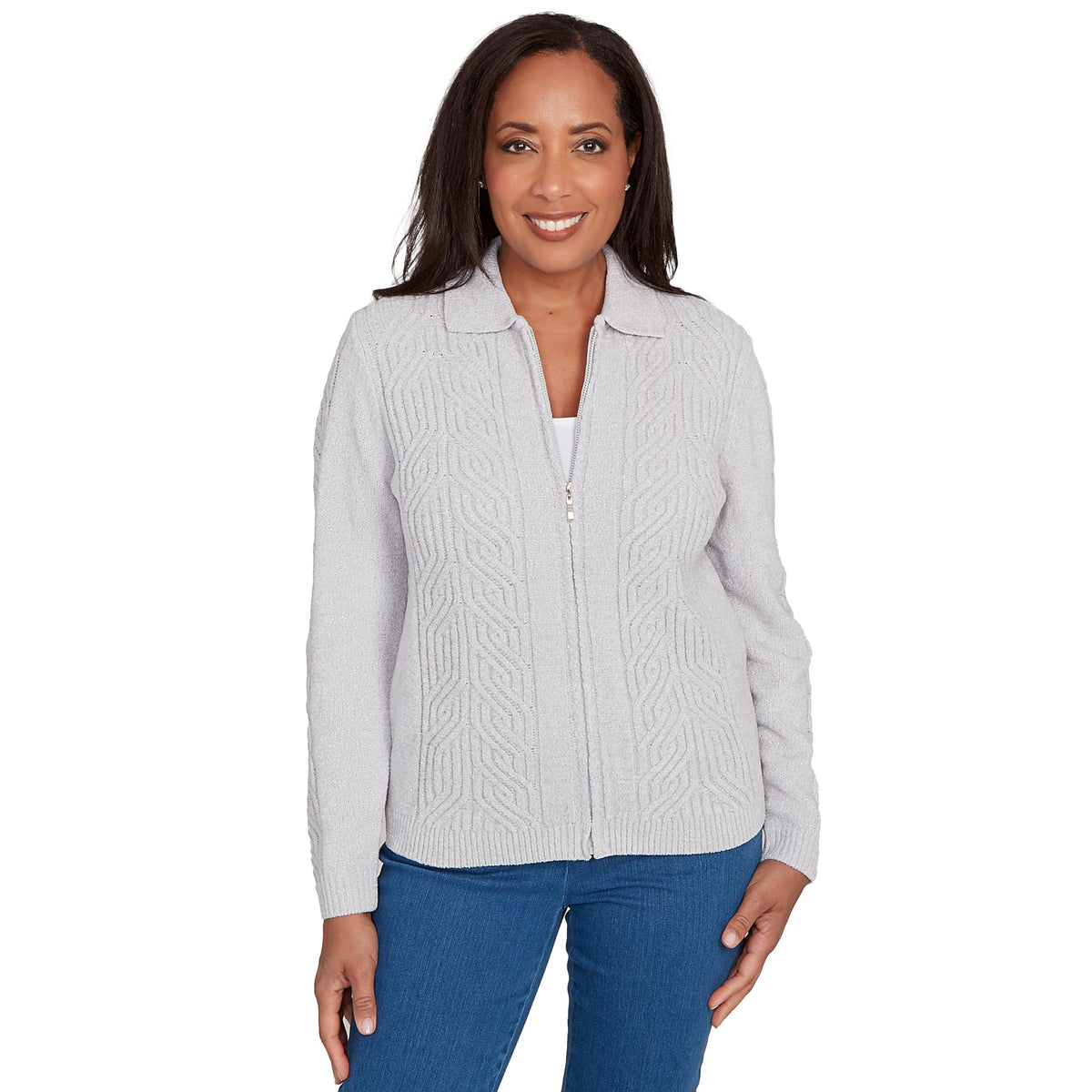 Alfred Dunner Chenille Zip Front Cardigan (US, Alpha, Small, Regular, Regular, Standard, Grey)
